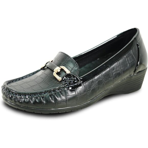 Women Black 2 Faux Leather Round Toe Removable Insole Wedge Slip-On Penny Loafer - Picture 1 of 8